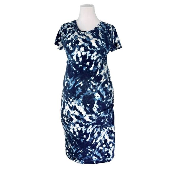 Old Navy Maternity Fitted Ruched Blue Tie-Dye Jersey Knit Dress LARGE Casual - Picture 1 of 9